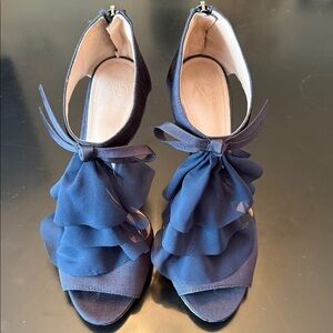 A•D & Daughters Navy Ruffle Peep-Toe Heels with Bow Detail